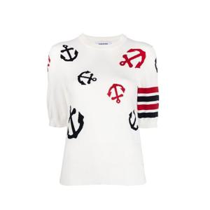 톰브라운 FKA418A Y3006 100 사선완장 앵커 패턴 라운드넥 화이트 여성 반팔