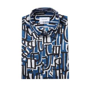 [예작(셔츠)]반소매 슬림핏 시어써커 밑일자 스냅버튼 프린트 YJEMBA630-BL