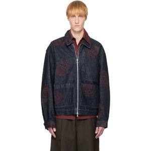 드리스반노튼 청자켓 네이비 자수 패턴 데님 재킷 252358M180001