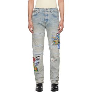 아미리 청바지 블루 스테이션 패치 리페어 슬림 데님 진 252886M186009