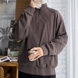 남자 골지 루즈핏 기모 반집업 티셔츠 5C-TSK-Q106-밤색