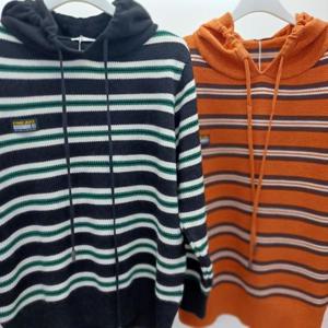 Latium HC06 이중컬러 단가라 스트라이프 벌집 후드 니트티 T2613sw02