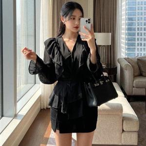 여자 페플럼 롱슬리브 프릴 비침 블라우스