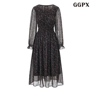 GGPX 플라워 라운드넥 시스루 셔링 롱 원피스 (GQAOW003D)