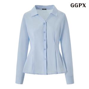 GGPX 데일리 핀턱 플레어 트임 카라넥 블라우스 (GQABA009D)