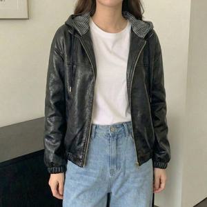 [올리비에스클로젯]체크 레이어드 후드 레더 자켓_O2603JK007A