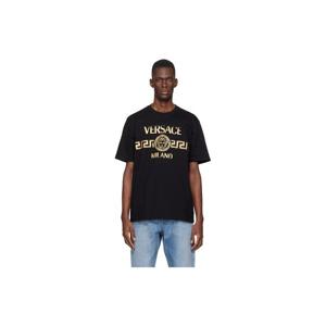 베르사체 티셔츠 블랙 프린트 코튼 저지 레귤러 티셔츠 261404M213014