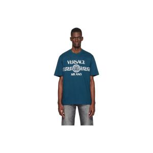 베르사체 티셔츠 네이비 프린트 코튼 저지 레귤러 티셔츠 261404M213015