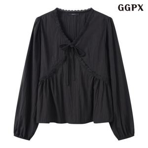 GGPX 브이넥 레이스 셔링 리본 블라우스 (GQABA021D)
