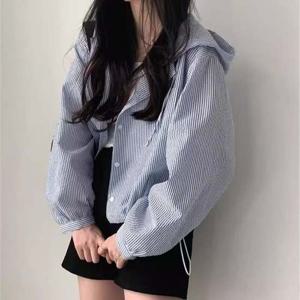 크롭 스트라이프 꾸안꾸 후드 블라우스