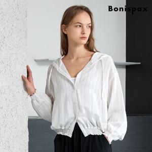 [보니스팍스(여성의류)]밑단 밴딩 후드넥 스트라이프 긴팔 셔츠 (XQ1BA009L0)