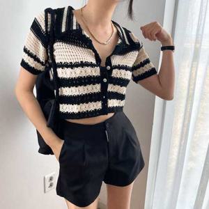 슈팅스타 / 카라넥 스트라이프 니트 크롭 반팔 가디건 520816