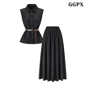 GGPX 민소매 카라 벨티드 셔츠 롱 스커트 셋업 (GQBOW012D)