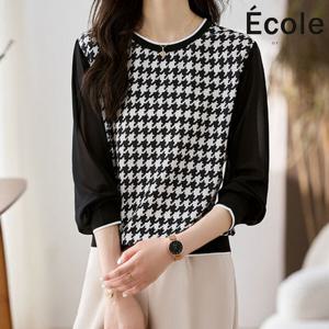 [에꼴드파리]쉬폰 소매 배색 티셔츠_F39WTB002Z