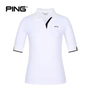 [PING] 여성 배색 로고 시보리 카라 반팔 티셔츠