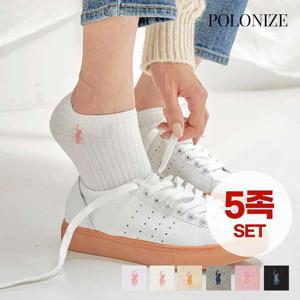 [폴로나이즈] 골지 스니커즈 자수삭스 여성 양말 5족 세트