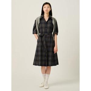 [빈폴레이디스] 체크 7부 볼륨소매 원피스  네이비 (BF5771C04R)