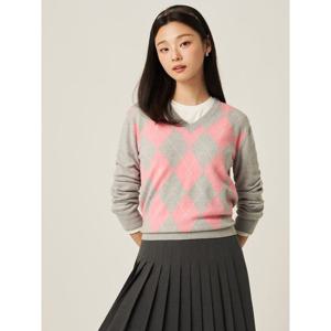 [빈폴레이디스] 아가일 V넥 풀오버  라이트 그레이 (BF5951C032)