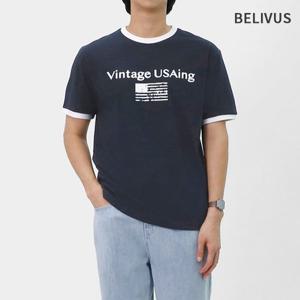 빌리버스 남성 링거티 배색 빈티지 로고 반팔티 BXR055