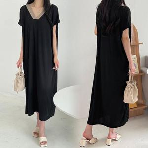 [강물처럼]위쉬몰 GL 브이넥배색주름원피스(L063H507) 빅사이즈