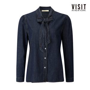 [비지트인뉴욕]타이 포인트 퍼프 소매 데님 블라우스 V63LS04