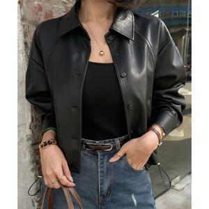 [위시드]레더 카라 스트링 크롭 자켓 (WIDAJK003)