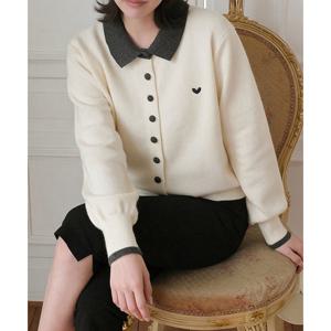 [위시드]하트 자수 배색 카라 니트 가디건 (WIDACD014)