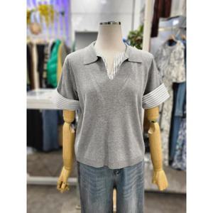 밸리걸 세이브존01 셔츠 배색 카라 브이넥 반팔 니트 870460