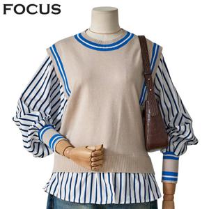 [포커스]니트조끼 배색 블라우스_FF4H3BL3014