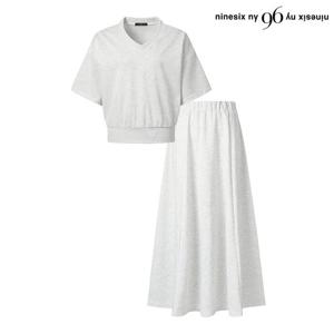 [나인식스뉴욕(영캐릭터)]V넥 반팔 맨투맨 롱 스커트 셋업 (NP2OW025L0)