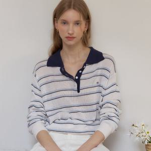 [아워호프] 린넨 스트라이프 로고 카라 니트 - Navy [HC26SP-KN02-NAV]