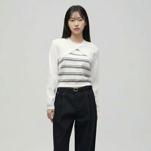 [LAP] 랩 브이넥 단가라 배색 니트 (AS1KH261)