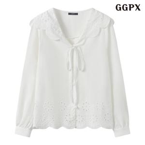 GGPX 카라 펀칭 자수 브이넥 긴팔 블라우스 (GQABA019D)