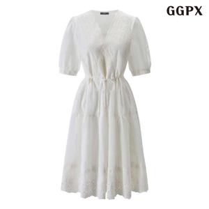GGPX 러블리 허리스트링 레이스 V넥 반팔 원피스 (GQBOW001D)