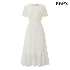 GGPX 러블리 도트 자수 패턴 반팔 롱 원피스 (GQBOW009D)