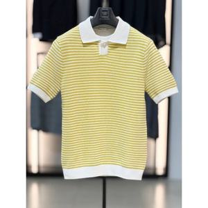 [바쏘옴므]옐로우 면 혼방 단가라 스판 카라 반팔 니트