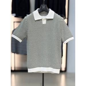 [바쏘옴므]카키 면 혼방 단가라 스판 카라 반팔 니트