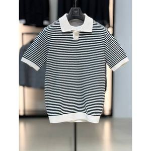 [바쏘옴므]네이비 면 혼방 단가라 스판 카라 반팔 니트