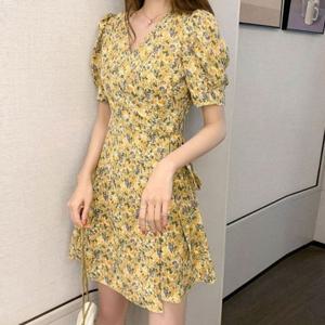 플라워패턴 A스커트라인 퍼프소매 랩원피스 스트링
