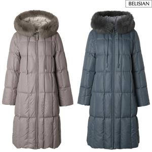 [벨리시앙]폭스퍼 후드 사각 누빔 구스패딩 HZ3410