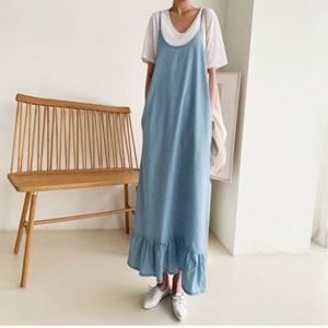 청나시원피스 민소매 뷔스띠에 데님 프릴 롱 S35895