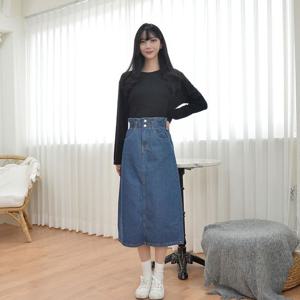 교복몰 (GBM)투버튼밴드 롱 데님스커트(진청)