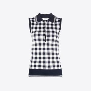 톰브라운 FKP091A Y4002 415 깅엄 자카드 슬리브리스 폴로 화이트블루 여성 나시