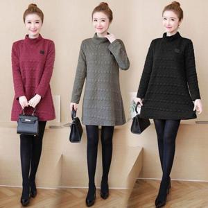 원피스 OPS 드레스 F90403 루즈핏 엠보 미니 폴라 하이넥 롱티