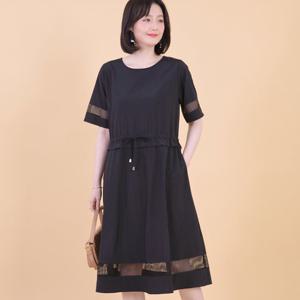 [애비뉴투지]시스루 망사 허리끈 여름 반팔 롱 원피스 K08356