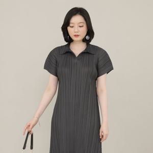 [애비뉴투지]플리츠 카라 둥근어깨 여름 반팔 롱 원피스 O07122