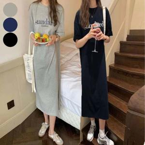 여성 레터링 포인트 면 반팔 롱 원피스 여름 데일리