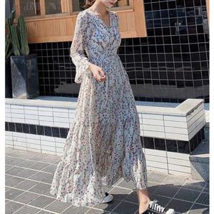 여성 플라워 롱원피스 2컬러 1P 브이넥 하늘하늘 치마