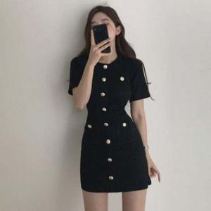 버튼 반팔 캐주얼 원피스 H라인 필수템 미니 트위드