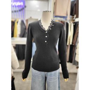 밸리걸 세이브존01 레이스 버튼 포인트 브이넥 골지 니트 617400